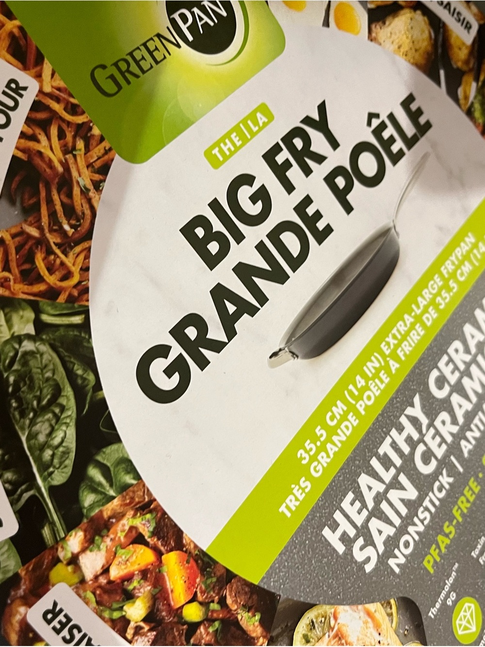 GreenPan White and Lime Green Big Fry Ceramic Skillet Packaging